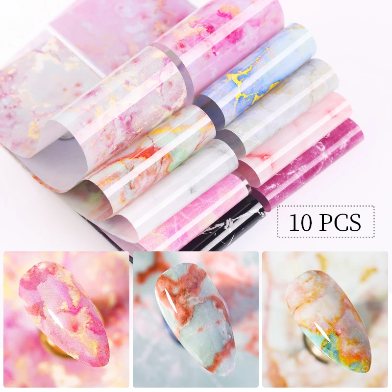 Nail Stickers 10Pcs/Bag Marble Nail Art Transfer Foil Flower French Tip Wraps Adhesive Decals Manicure Accessories