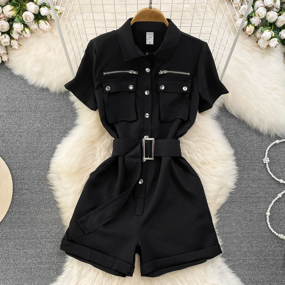 

Women Jumpsuit Fashion Solid Color Turn Down Collar Lapel Short Sleeve Belted Waist Casual With Pockets Cargo Pants Romper