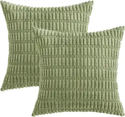 Boho Striped Corduroy Throw Pillow Covers - Soft Farmhouse Decor for Sofa and Bed, 18x18 Inch (Green)