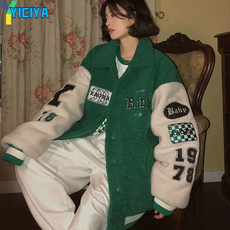 

YICIYA Lamb wool green jacket bomber women new outerwears Varsity Jackets Racing Baseball Coats outfit fashion 2024 outwear tops