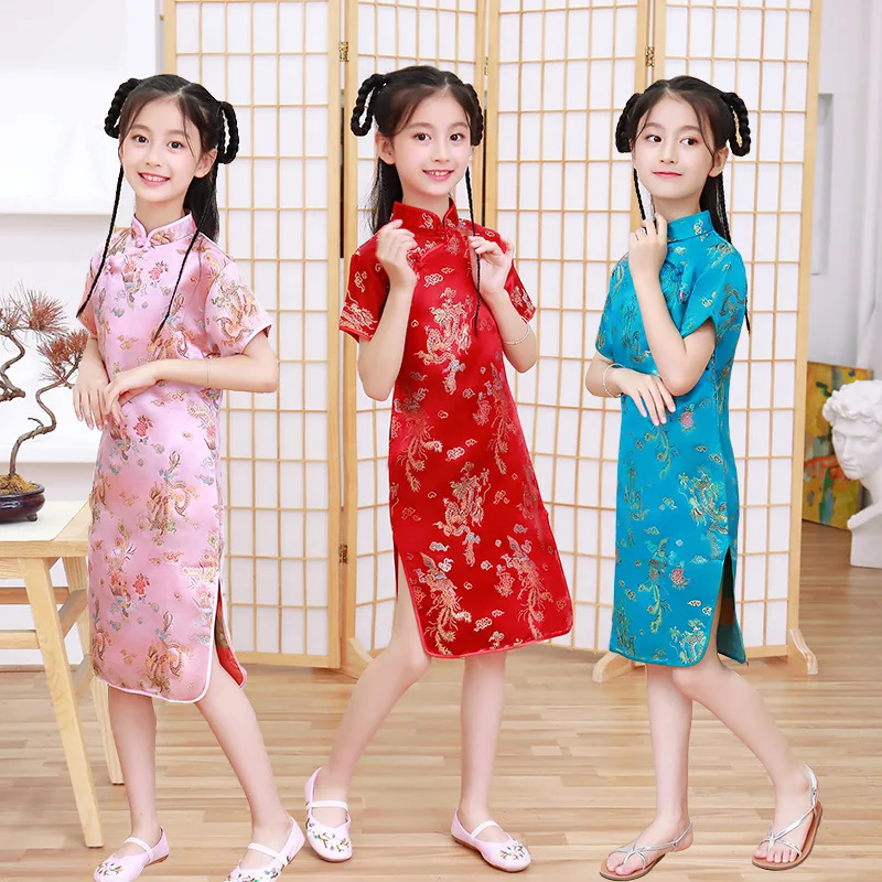 Summer Children Cheongsam Dragon Phoenix Embroidery Qipao Princess Dress Chinese Style Dresses New Year Qipao Gift Tang Clothes