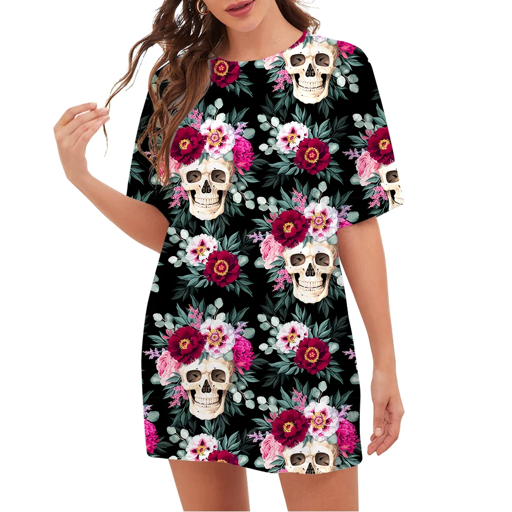

Женская футболка CLOOCL с цветочным и черепом, с 3D принтом, свободная повседневная футболка с круглым вырезом и коротким рукавом, летние футболки оверсайз