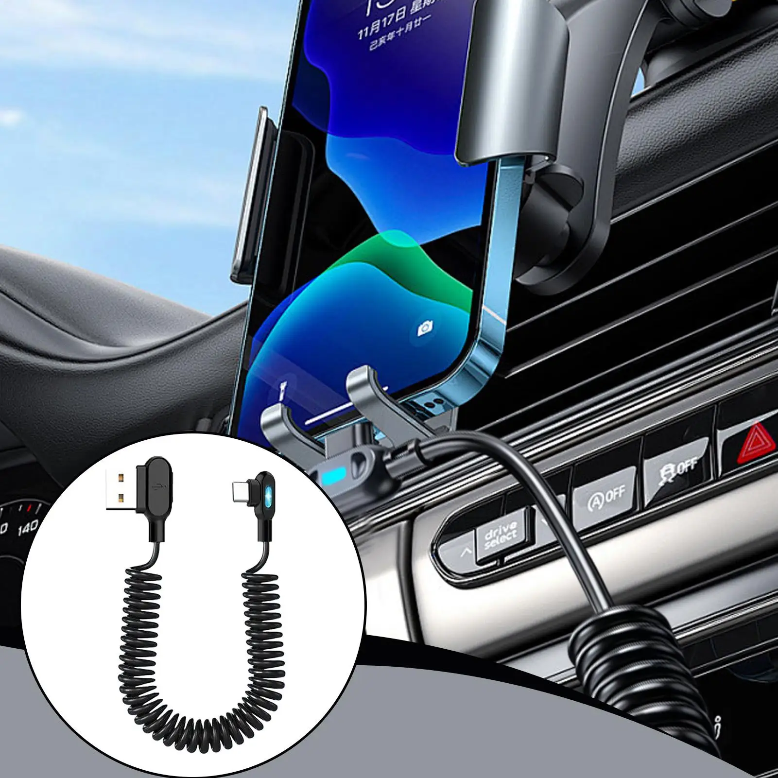 Car-mounted double-bend spring super-fast charging data cable/phone charging cable with light-up function Retractable TypeC Cord