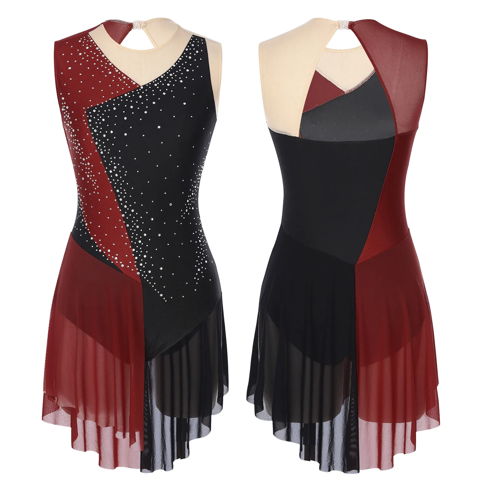 Leotardo con falda de malla transparente para mujer, gimnasia artística, patinaje artístico, traje de baile lírico de Ballet, diamantes de imitación brillantes, espalda recortada