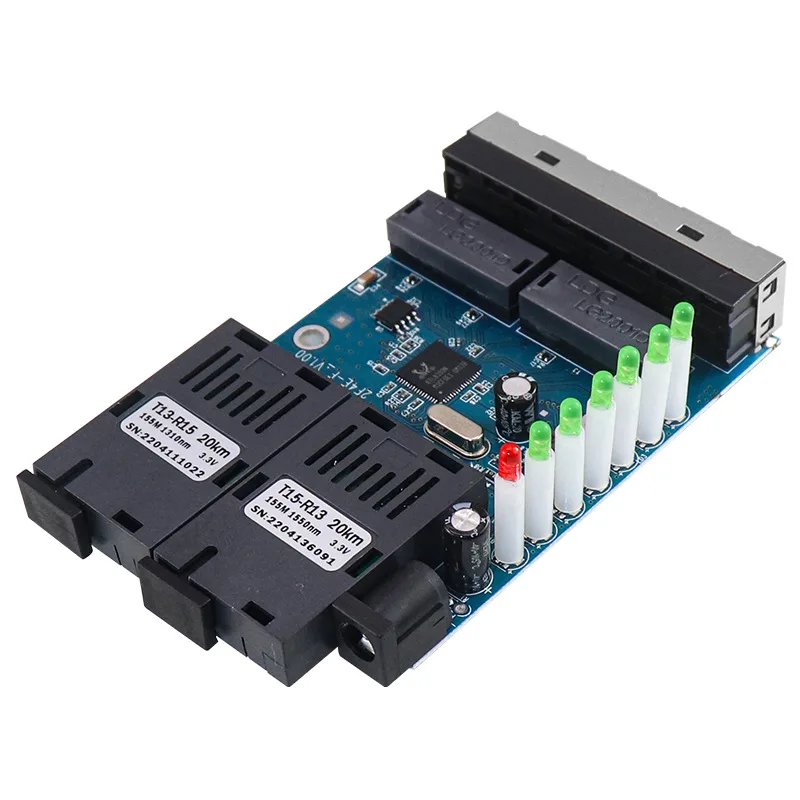 

10PCS Ethernet Fiber switch 4 RJ45 2 SC 20KM A plate Optical Media Converter Single Mode fiber Port PCB 10/100M