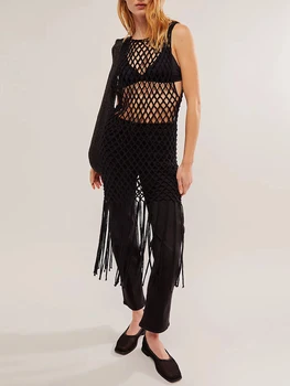 Women's Knit Cover Ups Dress Tassels Round Neck Crochet Hollow Out Sleeveless Swimsuit Bikini Cover Up Pullover Beach Tank Dress 1