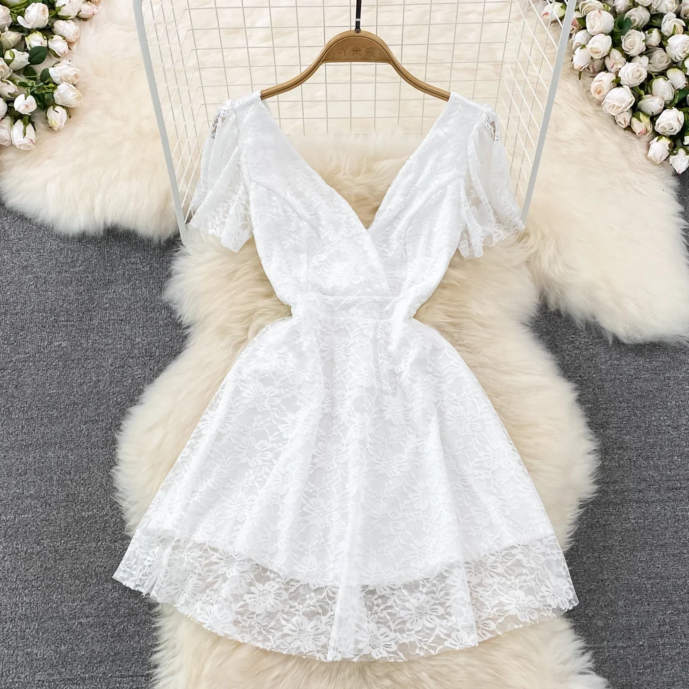 Fashion Sexy Lace Dress Black Summer New Low-cut Deep V-neck Waist Slim  Short-sleeve White Vintage Lace Dress For Women - Dresses - AliExpress