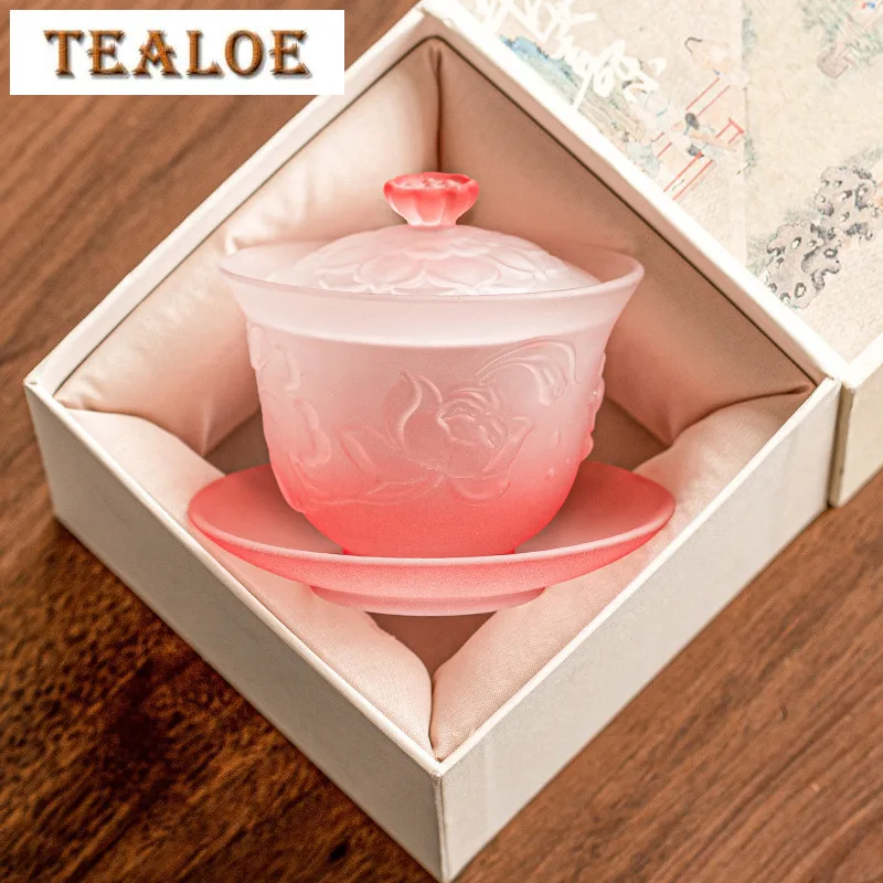 120ml Elegant Gradient Pink Blue Lotus Glass Gaiwan High End Crystal Three Talent Tea Tureen Tea Brewing Cover Bowl Cafes Craft