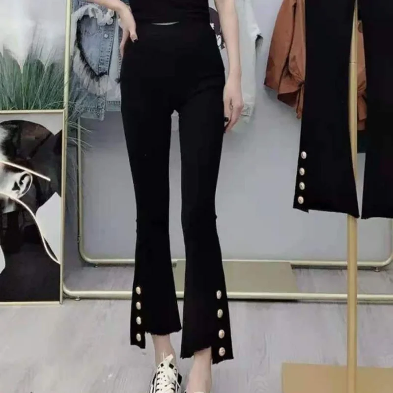 

2023 Spring/Summer Micro Raglan Pants Four Button Elastic Waist Thin High Waist Slim Women Pants Irregular Split Pants Female