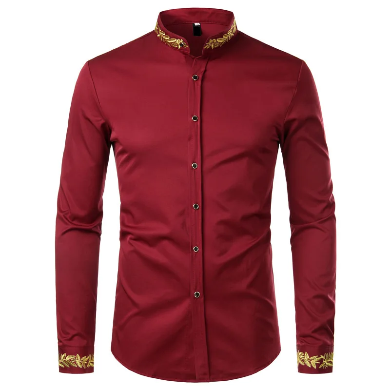 Long Sleeve Shirt long sleeve shirt Gold Embroidery White Shirt Men Stand Collar Mens Dress Shirts Casual Slim Chemise Homme Camisa Masculina