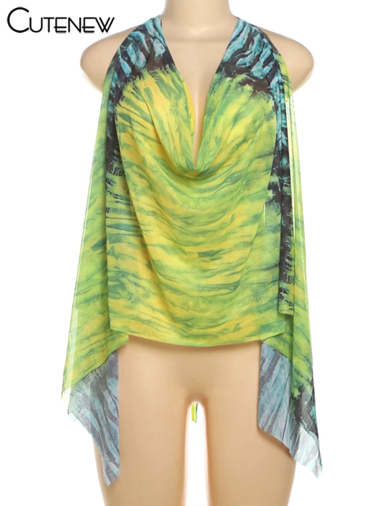 Chic Sexy Women Tops New Stunning Tie Dye Bandage Swinging Neck Ribbons Backless Vest Female Hipster Y2K Club Attirewear