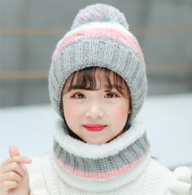 Big Kids Winter Knit Soft Hat and Scarf Set Child Plush Warm Winter Cap Scarves Girls Patchwork Circular Scarf Hat Frozen