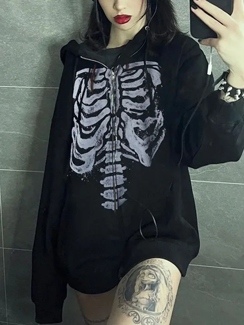 Halloween Women Spring Autumn Casual Hooded Coat Long Sleeve Skull Print Zipper Hoodie Grunge Long Sleeve Top Gothic Sweatshirt 2
