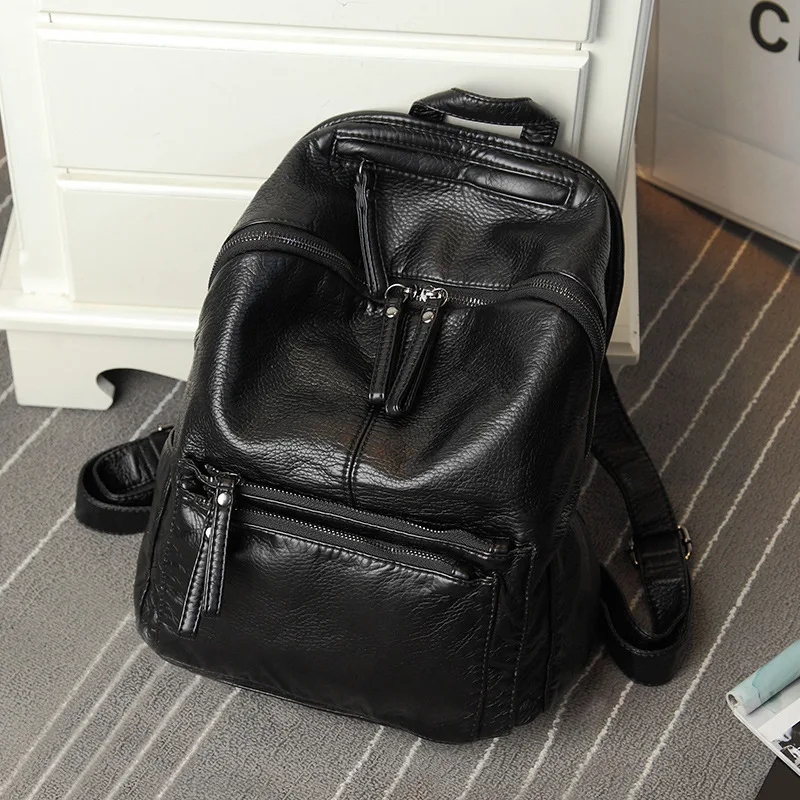 Black Knapsack Female 2024 New Soft Leather Backpack Tide Students School Bag High Street Leisure Travel Backpacks Korean