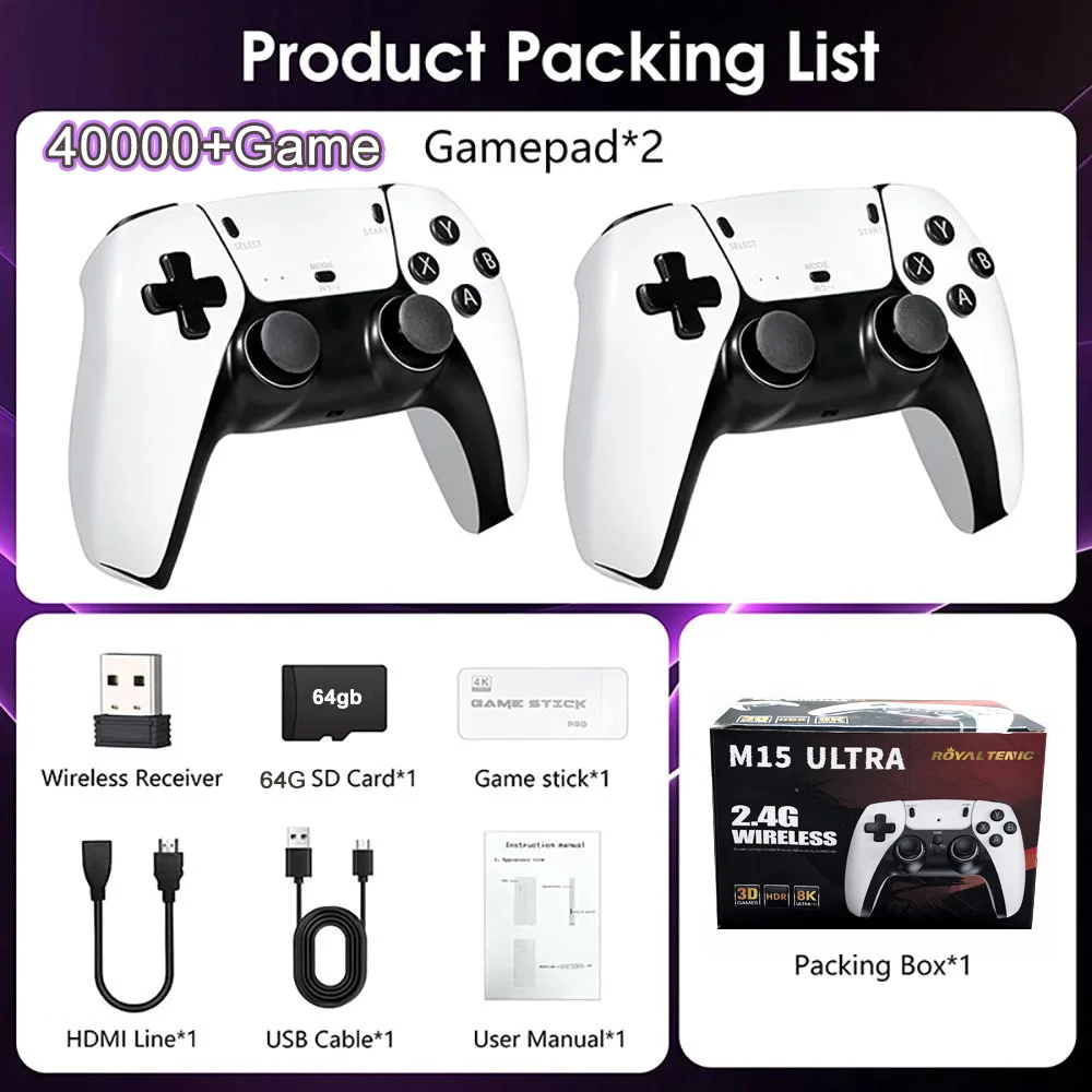 40000+/50000 Spiele, M15 Ultra Videospielkonsole, 128 GB Speicher, kabelloser Controller, HD-Ausgang, PS1-Emulator, tragbar für zwei Spieler