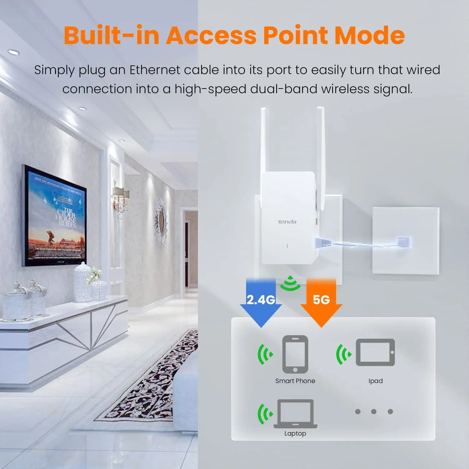 Tenda Wi-Fi 5 Wi-Fi 6 Range Extender 2.4G/5GHz Dual Band Signal Expansion  Booster Repeater No Dead Spots WPS Plug and Play