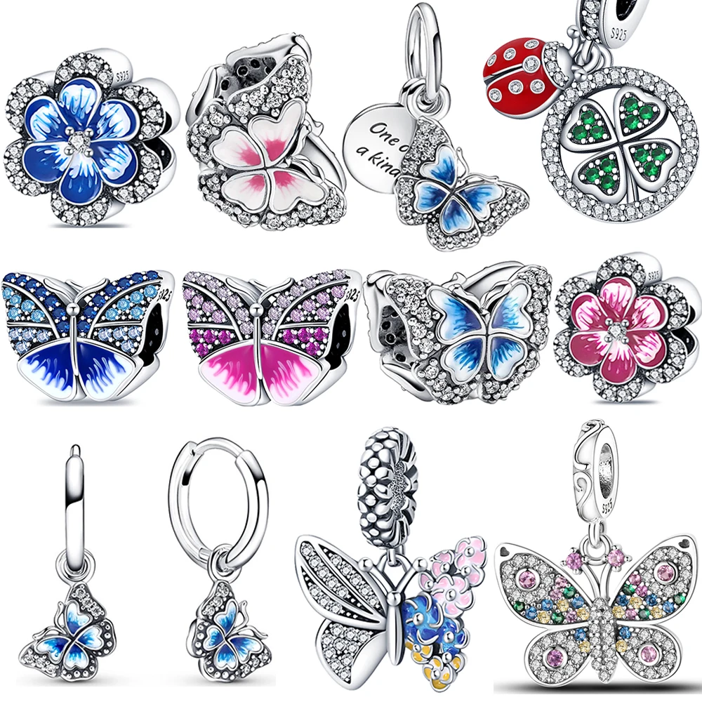 2022 Spring New plata charms of ley 925 Flying Butterfly and Flower