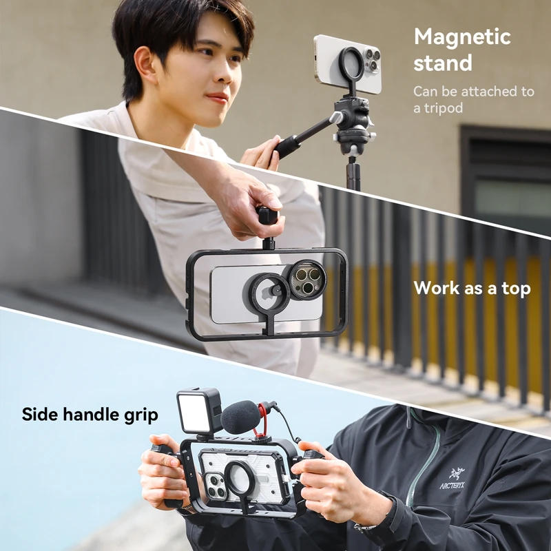 Ulanzi MG-001 듀얼 핸들 그립 리그가 있는 범용 Magsafe 전화 케이지 영화 제작을 위한 휴대용 케이스 안정기 Vlog Videomaker Kit