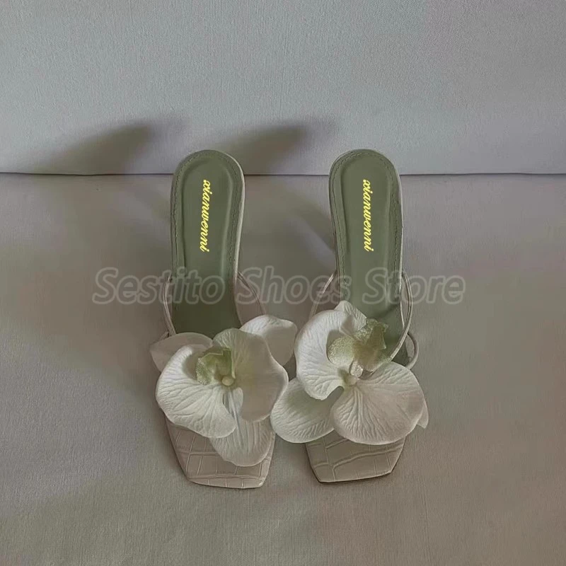Mixed Colors Flower Women's Slippers Pink Green Orchid Decor Square Toe 8CM High Heels Summer Sweet Hollow Party Female Shoes