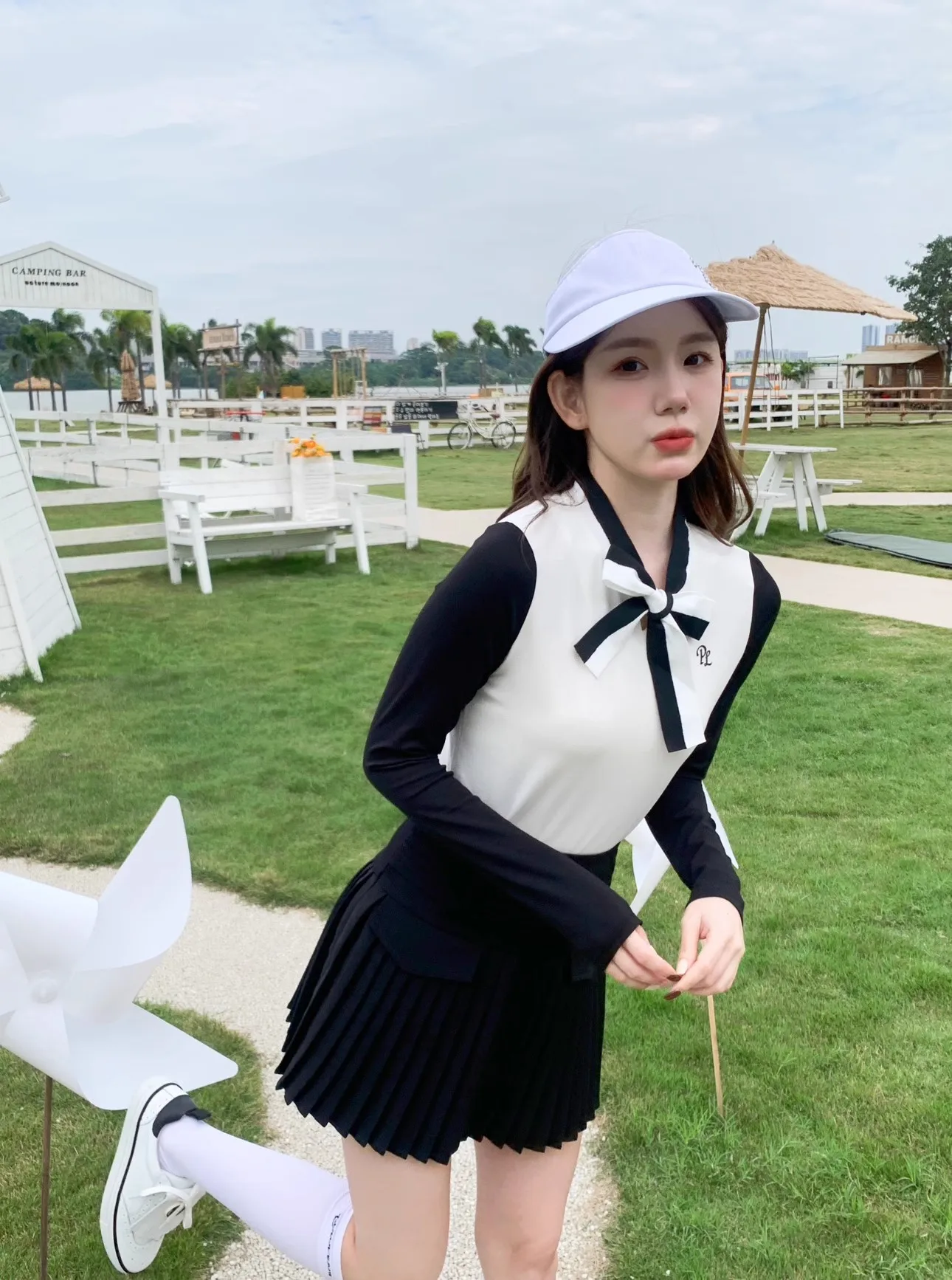 Spring Autumn Golf Clothing Women's Long Sleeved Shirt Bowknot Tie Sports Top Tennis Pleated Skirt Ladies Top Skort Suit