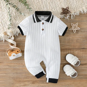 Baby Boys Spring/Summer Short Sleeve Lapel Solid Color For Newborn 1-24M Streetwear Casual Jumpsuit 1