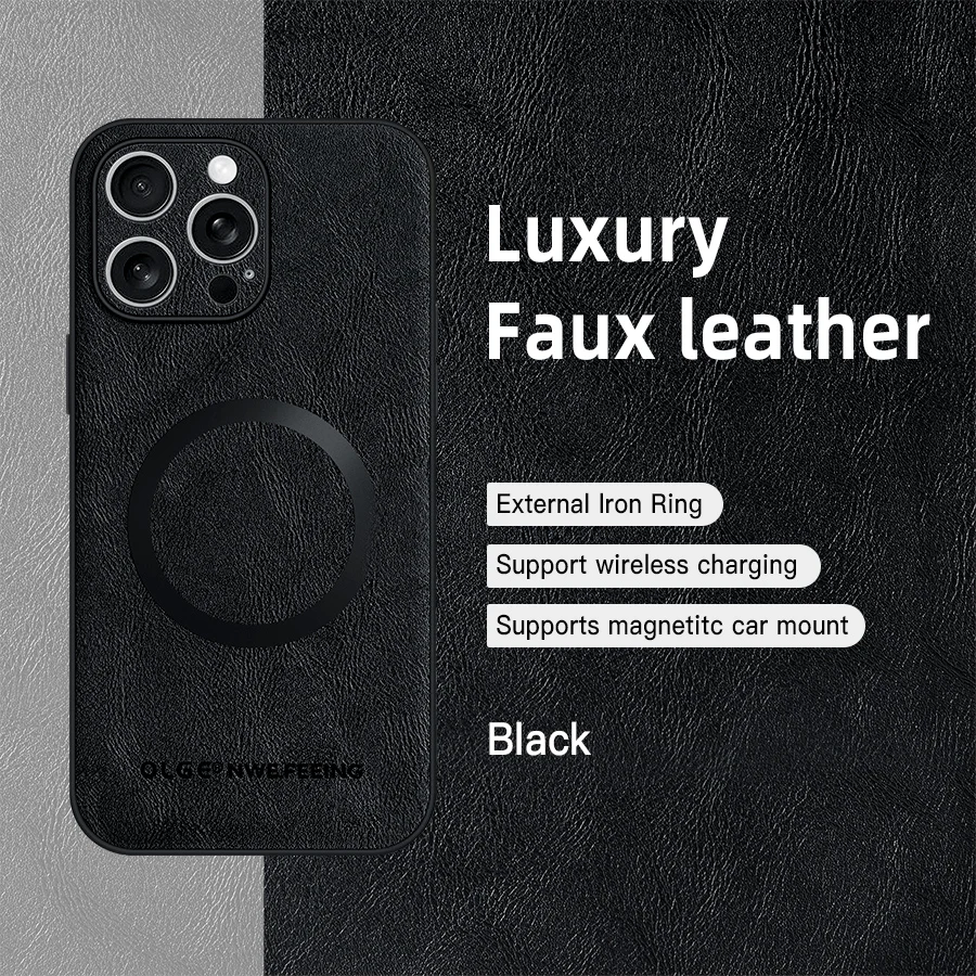 OLGE Lüks Olağanüstü Doku Klasik Deri Kılıf iPhone 16 Pro Max 11 12 13 Pro 15 Artı Kablosuz Şarj Manyetik Kılıf