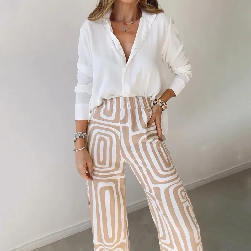 MECOCICI  Two Piece Set Women Office Fashion Lapel Long Sleeve Shirt Solid Single Breasted Button Top Printed Pants Sets No Belt