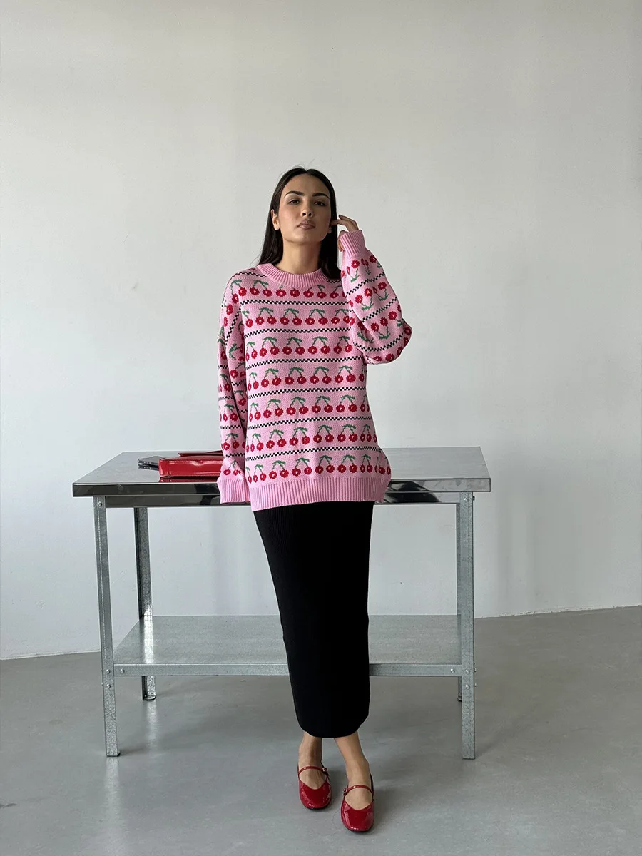 Printed Knit Sweater Pullover For Women Loose Patchwork Contrast Long Sleeve Vintage Fashion Top Knitwear Women's Pullover