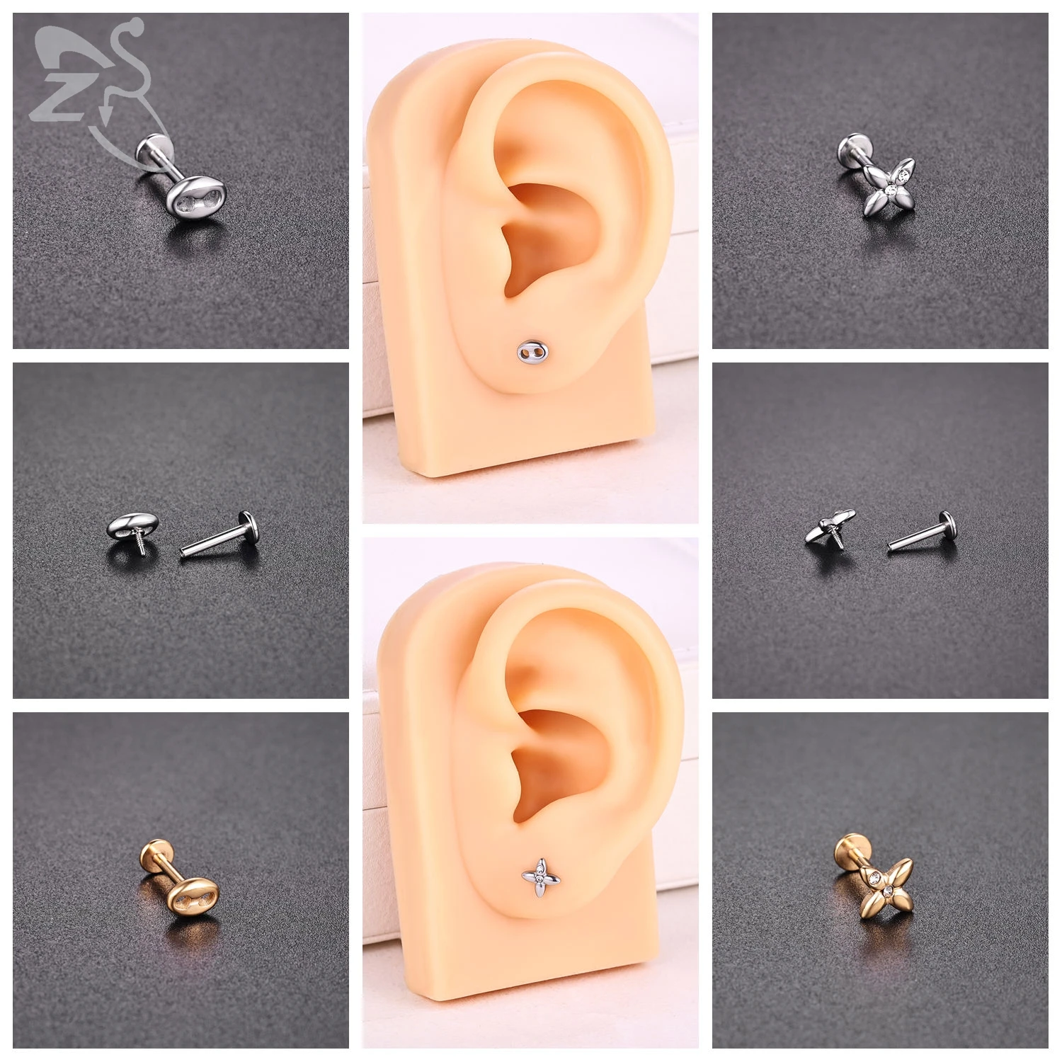 ZS 1PC 16G/18G 316L 스테인레스 스틸 립 링 해바라기 코끼리 Labret 피어싱 골드 컬러 귀 스터드 6mm/8mm 연골 귀걸이