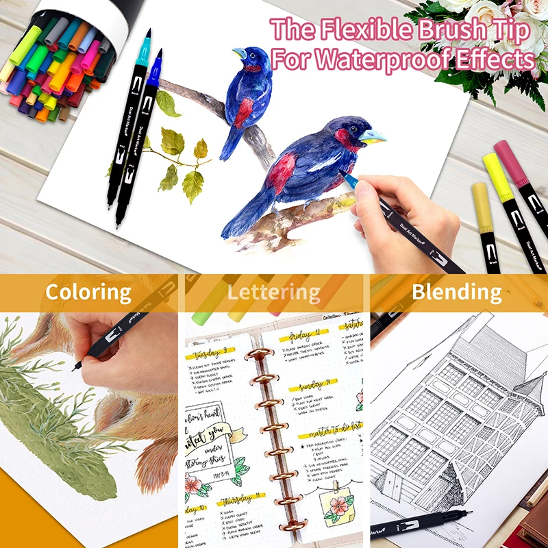 Art Markers Pens Drawing Painting FineLiner Dual Tips Brush Pen 12/24/60/120/132 Colors For Watercolor Calligraphy
