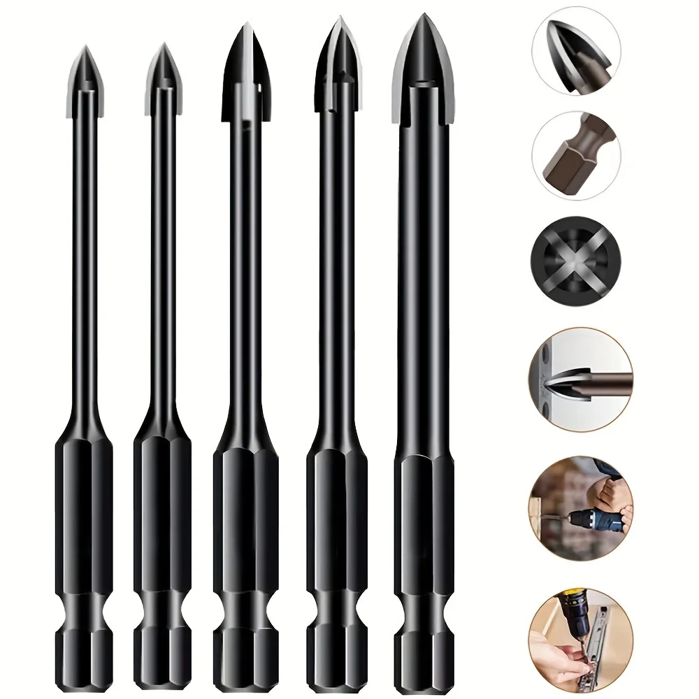 5pc Multi-Material Drill Bit Set Hex Shank Anti-Corrosion Glass/Ceramic/Wood