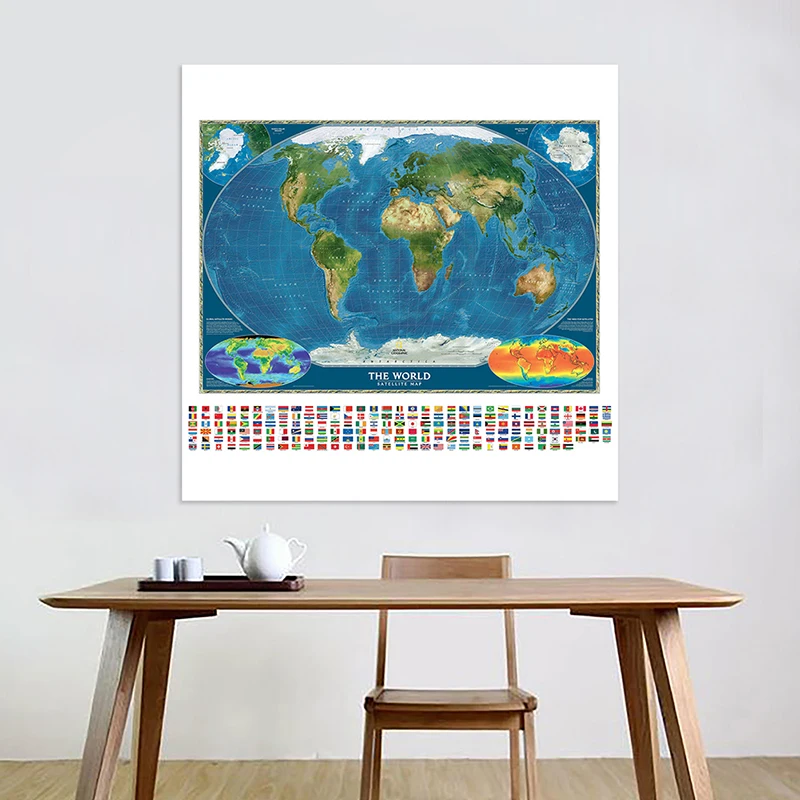 150X150cm Non-woven Spray World Map The World Satellite Map with Country Flag and Surface Temperature