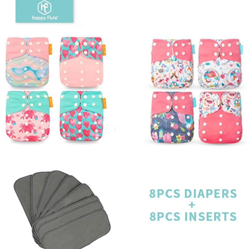 HappyFlute 8 diapers+8 Inserts Baby Cloth Diapers One Size Adjustable Washable Reusable Cloth Nappy For Baby Girls and Boys
