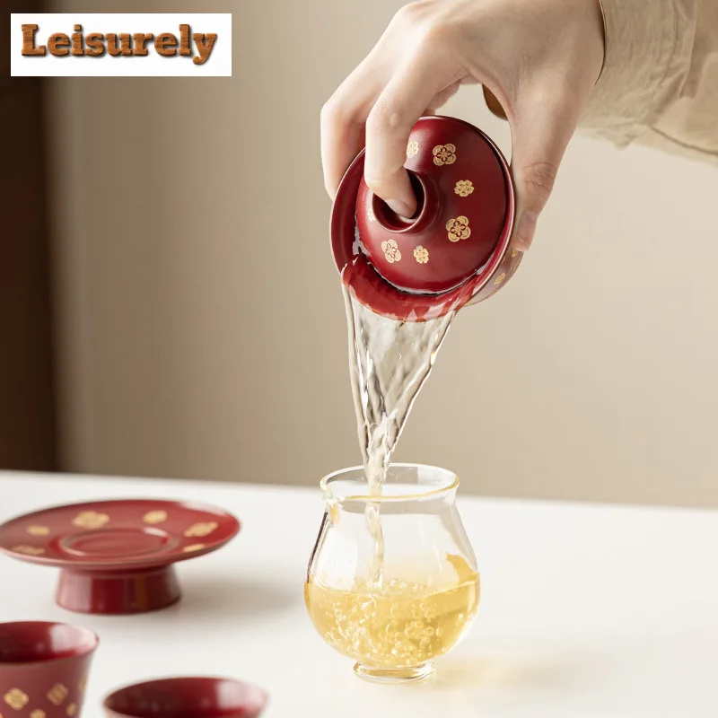 Ruby Red Treasure Flower Tea Set Complete Set Japanese Tea Ceremony Set Household Teapot And Tea Cup Set Drinkware Ornaments