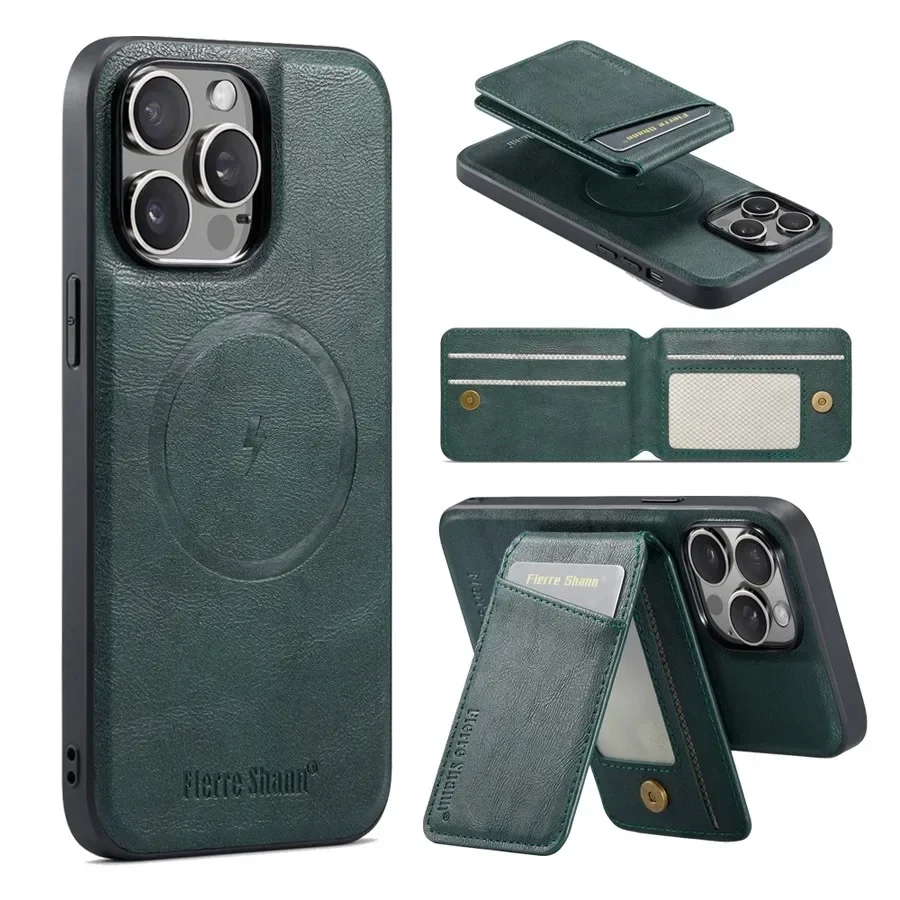 Magnetic Detachable Leather Wallet Phone Stand with Wireless Charging Compatibility