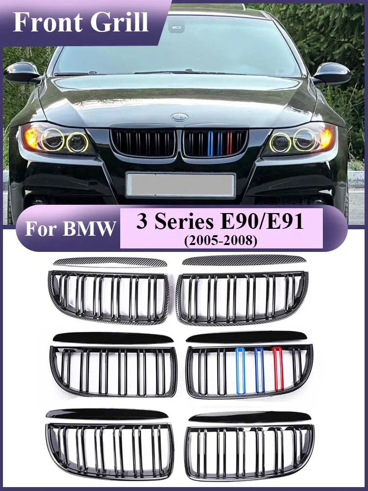

M Color Console Center Lower Front Racing Grills Double Slat Carbon Fiber Refiting Grille for BMW 3 Series E90 E91 2005-2008