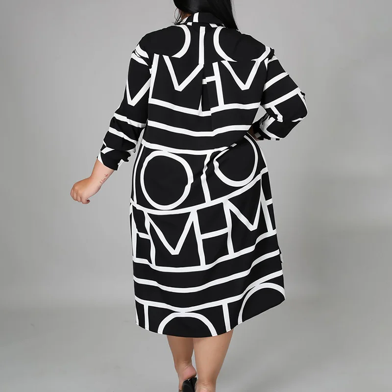 Plus Size Clothes Women Spring Geometric Print Long Sleeve Shirt Skirt Simplicity Fashion Turn-down Collar Loose Irregular Dress