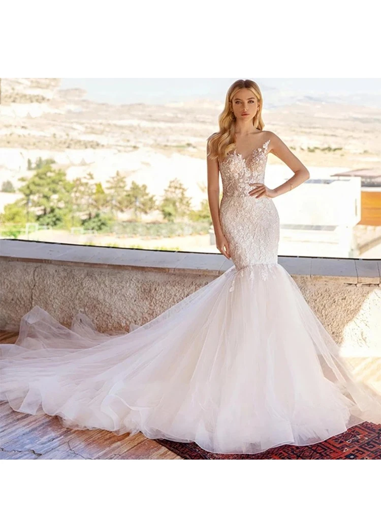 

Romantic Mermaid Wedding Dress Sweetheart Sleeveless Bridal Long Gown 2022 Applique Sweep Train Robe De Mariée