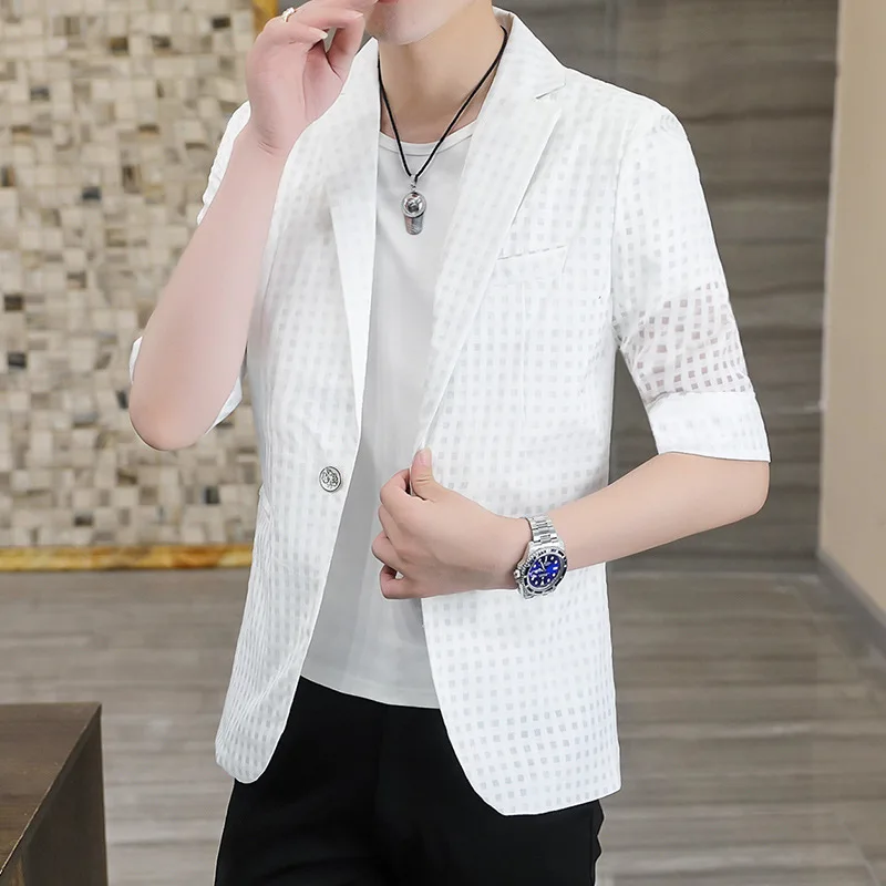 

HOO 2023 Men's Summer Cropped Sleeves Thin Slim-Fitting Suit Youth Handsome Half Sleeve Hollow-out blazer