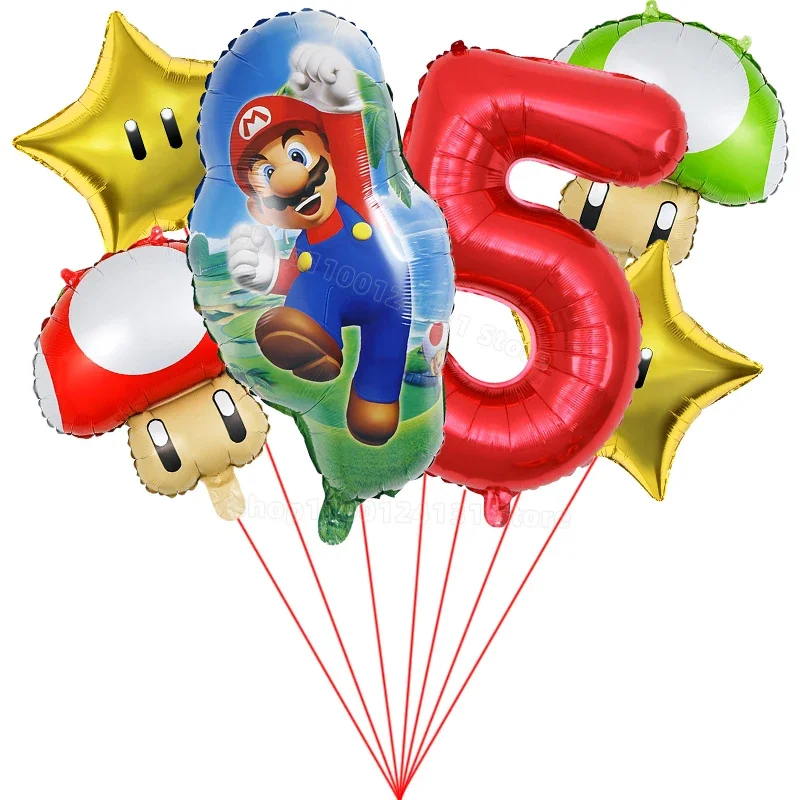 7pcs Super Mario Bros Number Balloons Set Birthday Balloon Suit Party Decoration Game Stars Mushroom Ballon Ornament Accessories