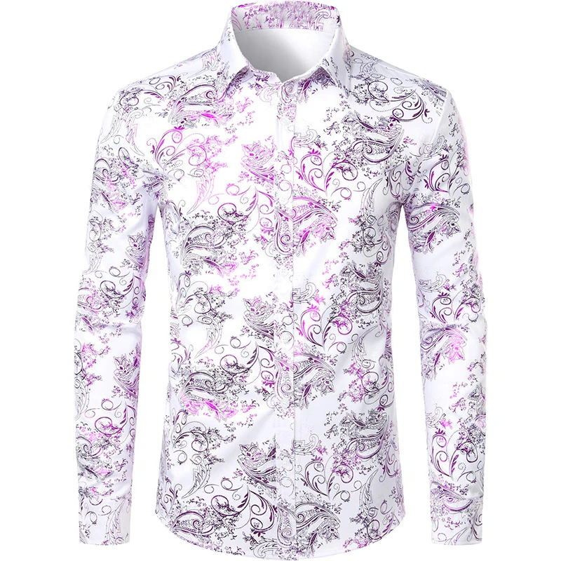 thumbnail image 1 of Camisa de vestir con estampado floral dorado de lujo para hombre, camisas de manga larga con botones y estampado completo en 3D para fiestas, blusas casuales para hombre, 1 of 5