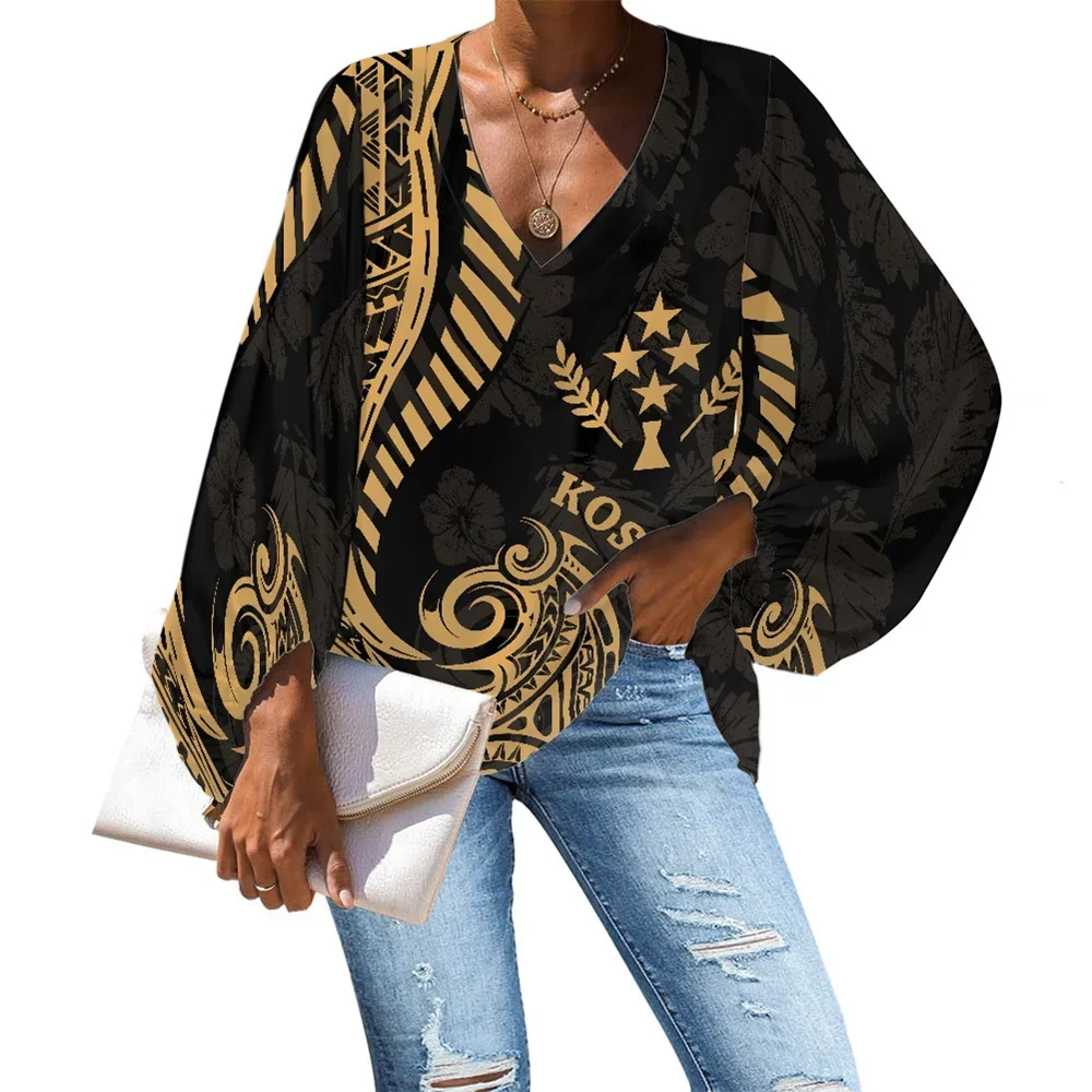 

Autumn Women Long Sleeve Casual Chiffon Blouse Shirts V-neck Loose Polynesian Tribal Clothing Kosrae Islands Floral Printed 2023