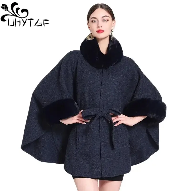 

Knitted Cardigan Shawl Coats Womens Imitation Rex Rabbit Fur Collar Autumn Winter Woolen Cloak Jacket Female Poncho Cape Top 523