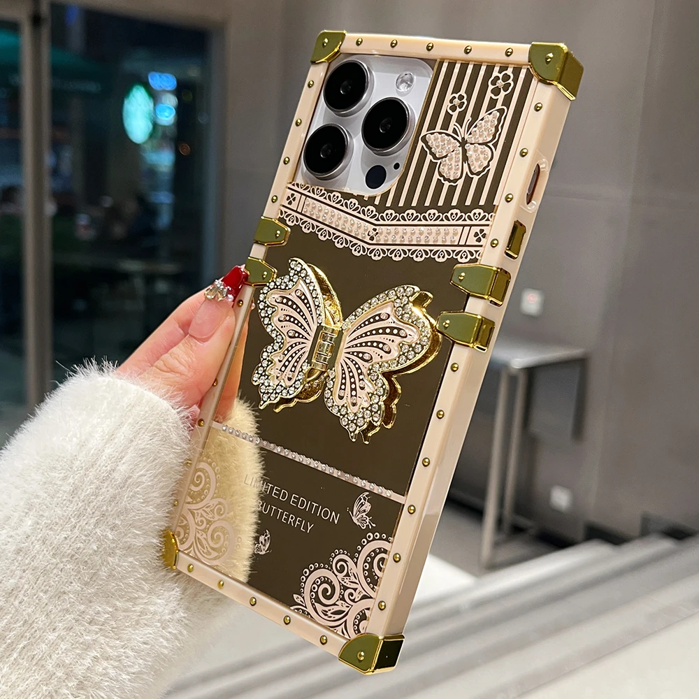 Luxury Diamond Butterfly Stand Phone Case with Mirror Shockproof Protection
