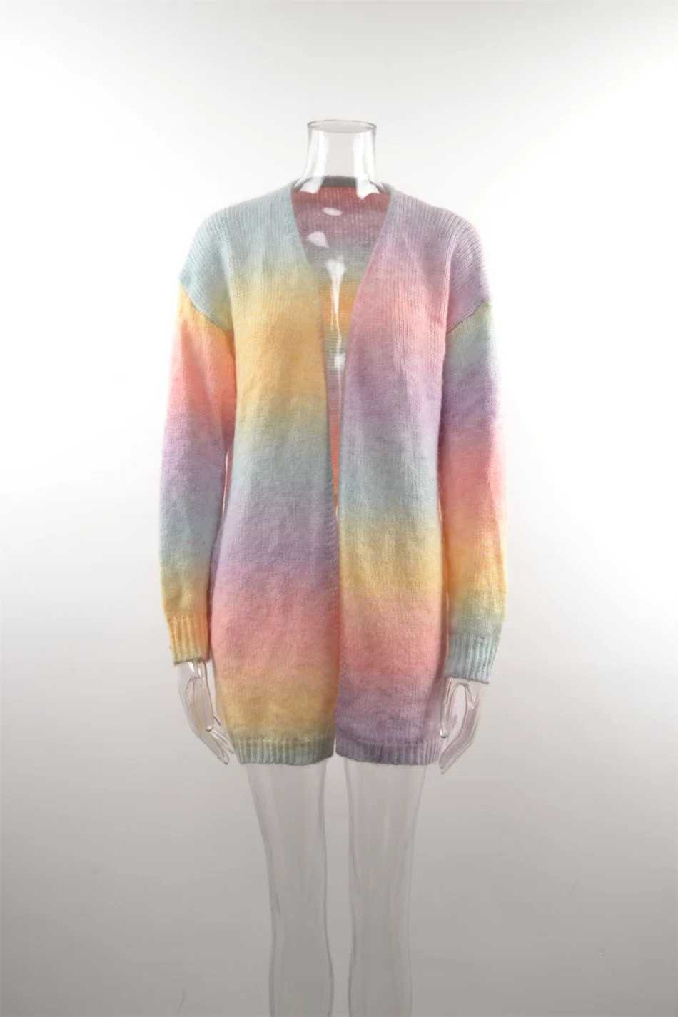 2024 New Winter European American Sweaters Rainbow Tie-dye Mid-length Oversized Cardigan Women Knitwear Jacket Long Sleeved Tops