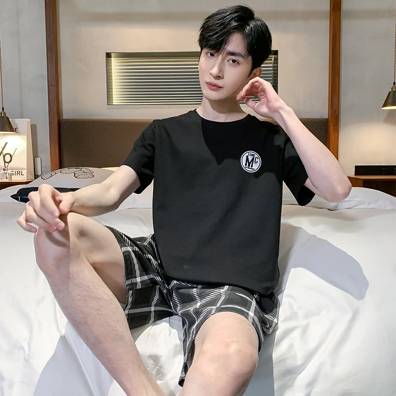 남성 여름 잠옷 세트 반팔 만화 줄무늬 홈웨어 반바지 캐주얼 십대 학생 잠옷 편안한 가정 의류