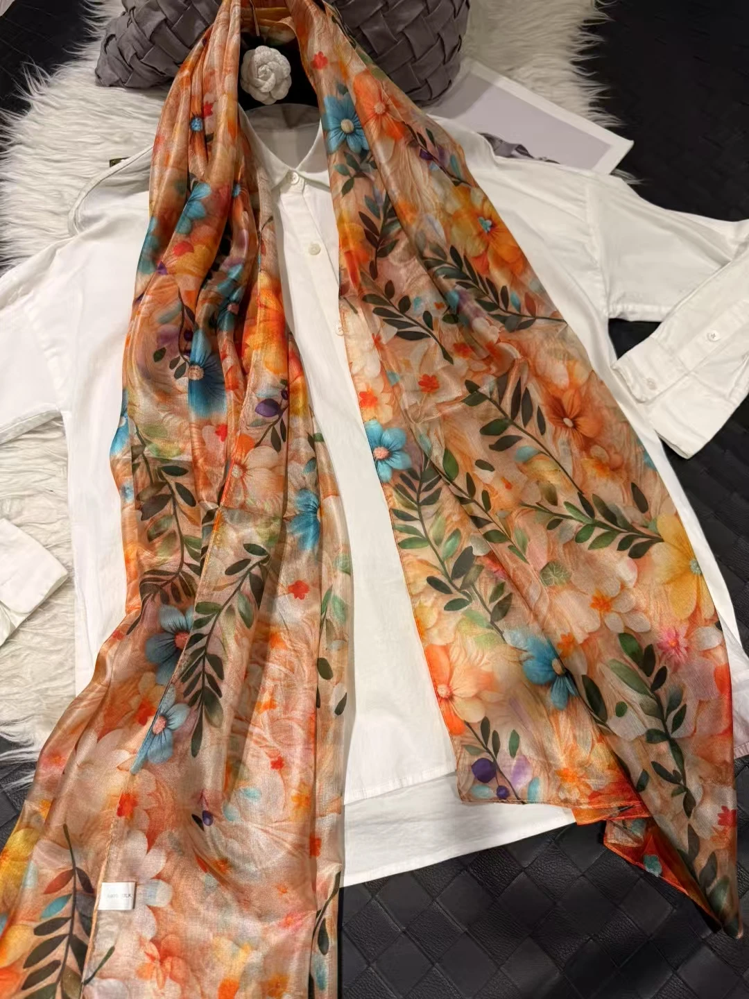 Elegant Orange and Blue 100% Mulberry Silk Floral Scarf - Versatile Summer Wrap/Shawl