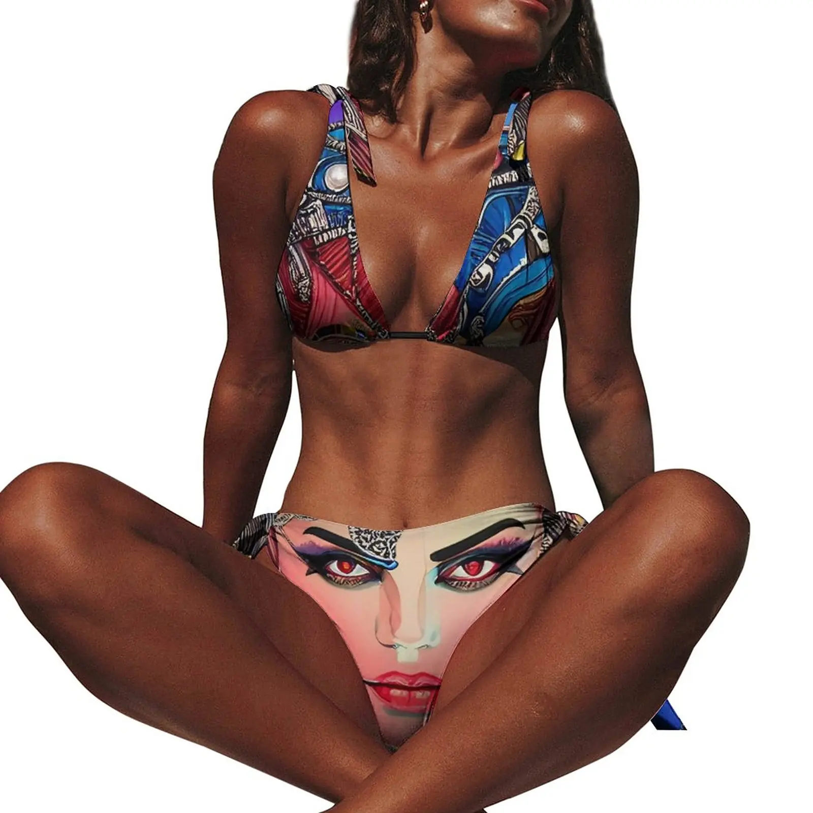 

Комплект бикини женский с чашками пуш-ап и принтом