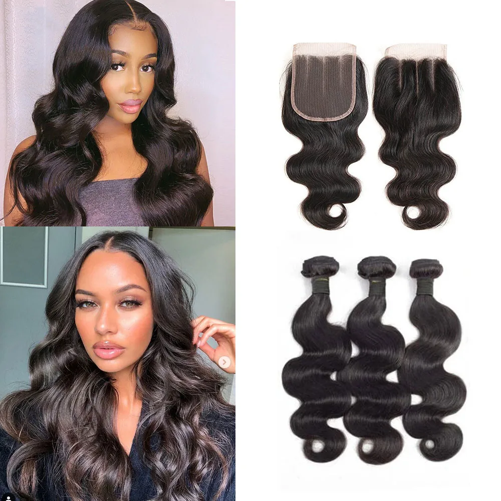 

Transparent Body Wave Human Hair Bundle Virgin Brazilian Body Wave Bundles with Closure 4x4 Lace Closure Weave Extensions