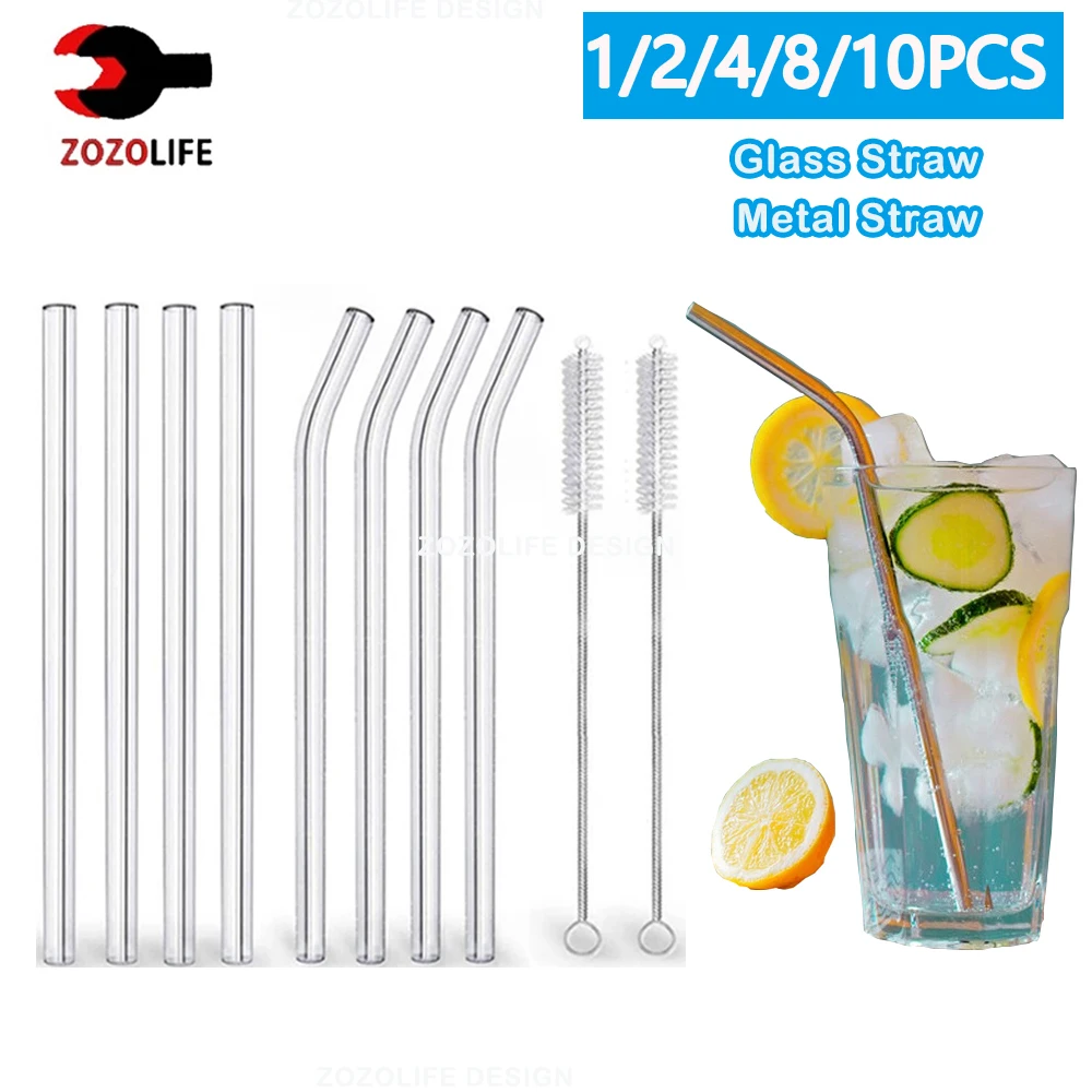Eco-Friendly Reusable Glass and Metal Drinking Straws with Cleaning Brushes for Smoothies and Cocktails